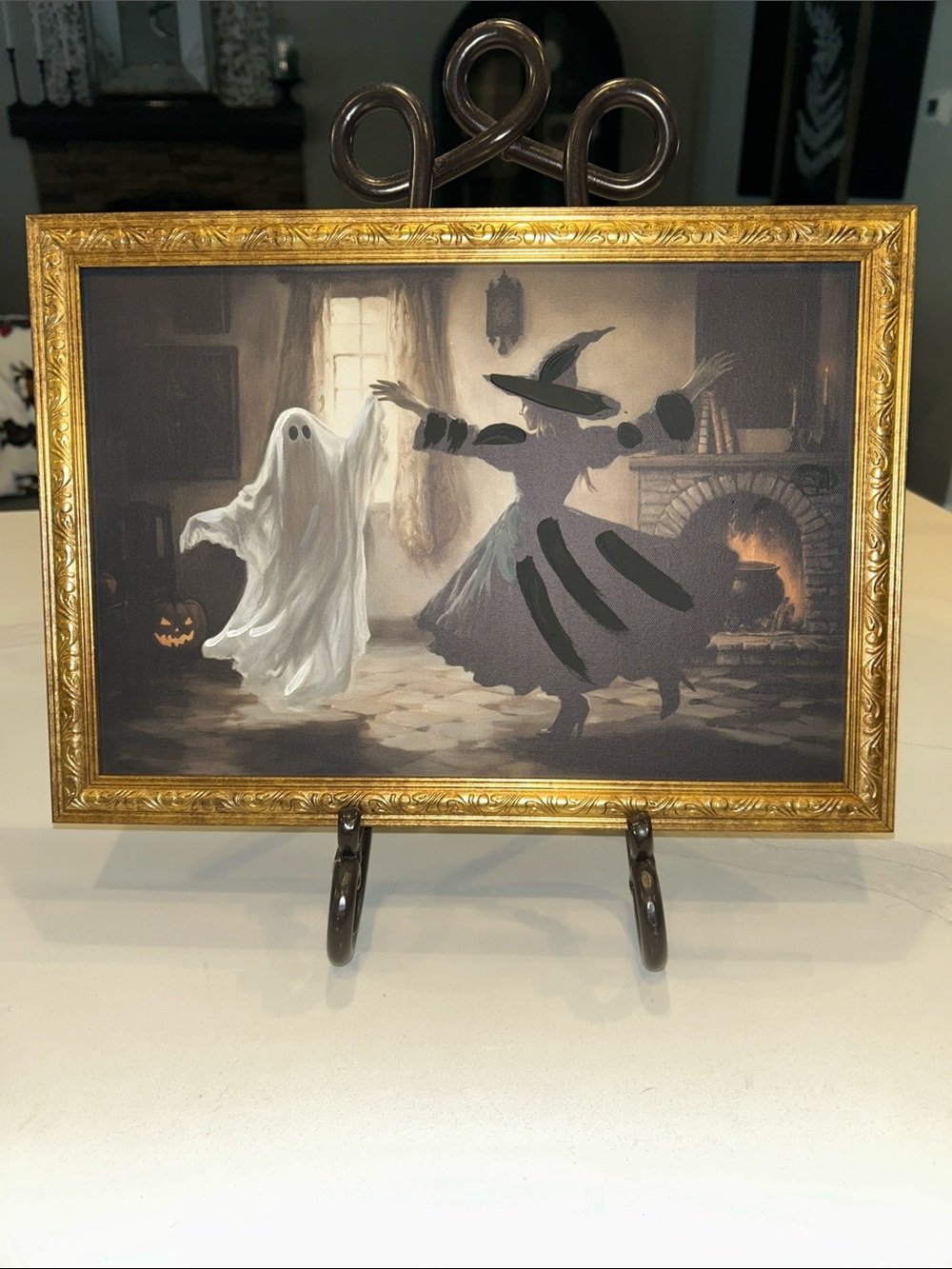 Halloween Dancing Witch & Ghost Framed Art Print - Gold Frame NEW 10x14